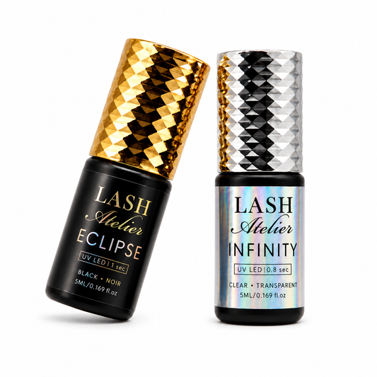 Lash Atelier ECLIPSE black and INFINITY clear UV LED lash adhesives together